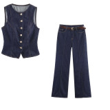 Denim Vest with Belted High-Waisted Wide-Leg Pants