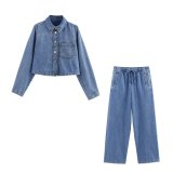 Trendy Denim Short Shirt with Mid-Waist Wide-Leg Jogger Pants