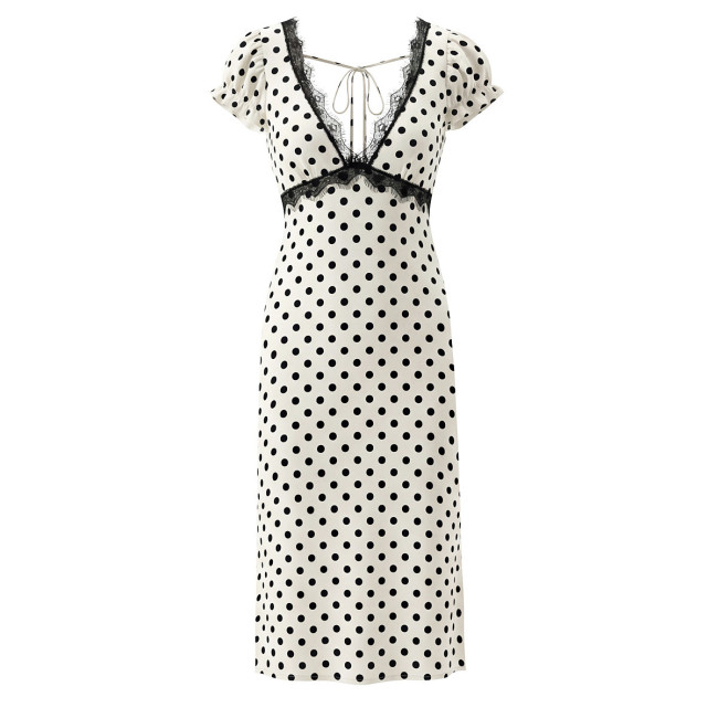 Chic Lace Trim Polka Dot Dress