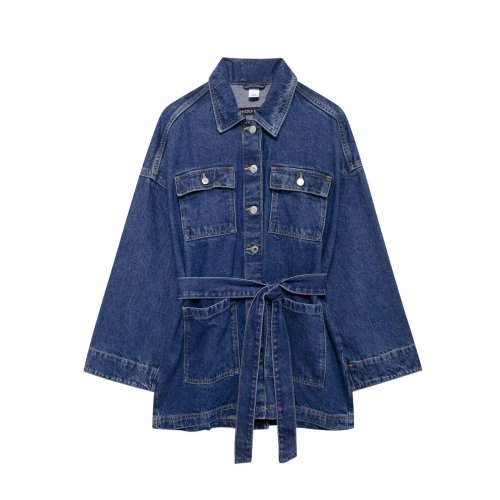 Waist-Tie Fitted Collar Denim Jacket