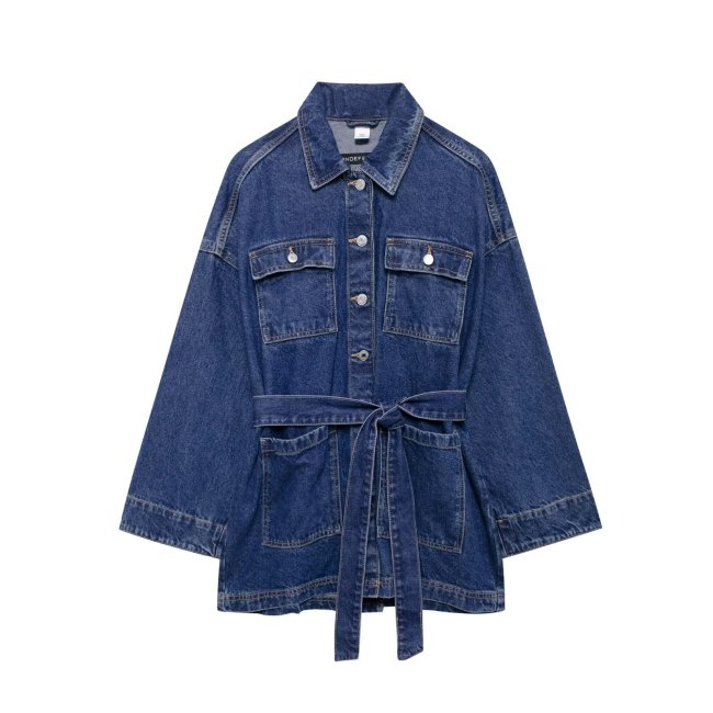 Waist-Tie Fitted Collar Denim Jacket
