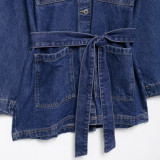 Waist-Tie Fitted Collar Denim Jacket