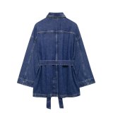 Waist-Tie Fitted Collar Denim Jacket