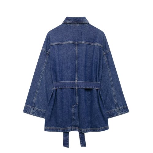 Waist-Tie Fitted Collar Denim Jacket