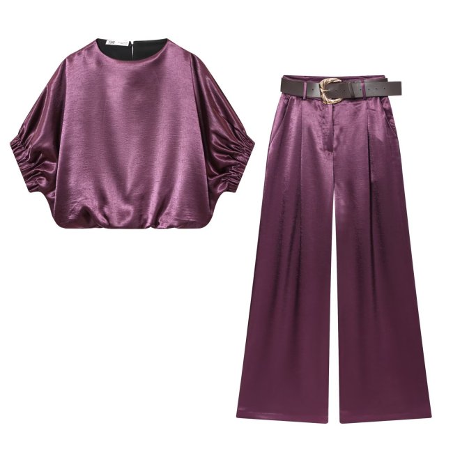 Satin Balloon Top & Loose Satin Pants Set