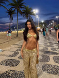 Dazzling Deep V Neck Bikini Set with Wide Leg Pants