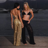 Dazzling Deep V Neck Bikini Set with Wide Leg Pants