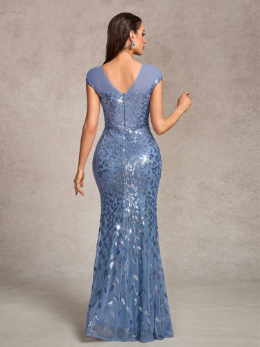 Elegant Tulle Embroidery and Sequins V-Back Evening Dress