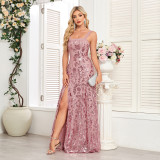 Embroidered Floral Sequin Evening Dress