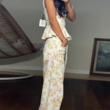 Sleeveless High-Waisted Ruffled Floral Slim-Fit Pants Set