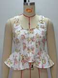 Sleeveless High-Waisted Ruffled Floral Slim-Fit Pants Set