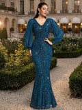 Double V-Neck Long Sleeve Mesh Sequin Fully Lined Mermaid Evening Gown