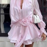 Pink Sweet V-Neck Waist-Defined Ruffled Hem Long Sleeve Dress
