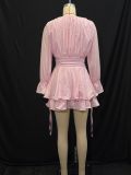 Pink Sweet V-Neck Waist-Defined Ruffled Hem Long Sleeve Dress