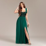 Strappy Backless Sequin-Panel Chiffon High-Slit Party Evening Gown