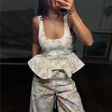 Sleeveless High-Waisted Ruffled Floral Slim-Fit Pants Set