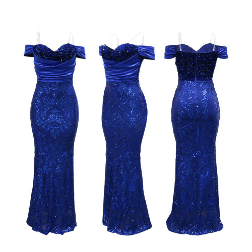 Off-Shoulder Slim-Fit Velvet Sequin Long Dress