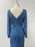 Double V-Neck Long Sleeve Mesh Sequin Fully Lined Mermaid Evening Gown