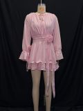 Pink Sweet V-Neck Waist-Defined Ruffled Hem Long Sleeve Dress