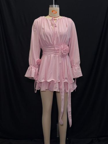 Pink Sweet V-Neck Waist-Defined Ruffled Hem Long Sleeve Dress