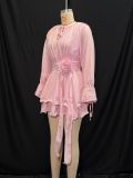 Pink Sweet V-Neck Waist-Defined Ruffled Hem Long Sleeve Dress