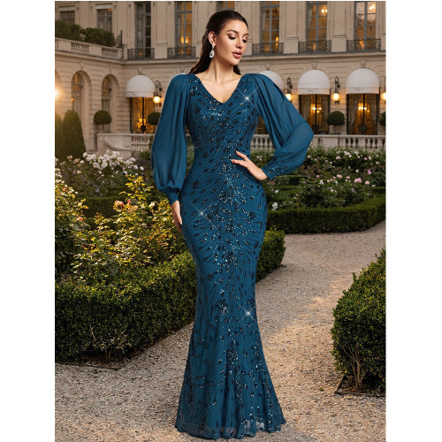 Double V-Neck Long Sleeve Mesh Sequin Fully Lined Mermaid Evening Gown