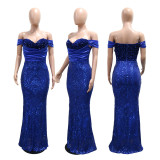 Off-Shoulder Slim-Fit Velvet Sequin Long Dress