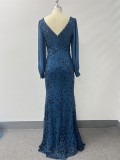 Double V-Neck Long Sleeve Mesh Sequin Fully Lined Mermaid Evening Gown