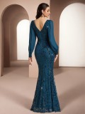 Double V-Neck Long Sleeve Mesh Sequin Fully Lined Mermaid Evening Gown