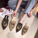 Flat Sandals Mesh Hollow Pointed Flat Bottom Luxury Rhinestone Low-Heeled Women's Slippers