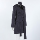 Vintage Navy Striped V-Neck Waist-Cinching Blazer and A-Line Skirt Set for Women