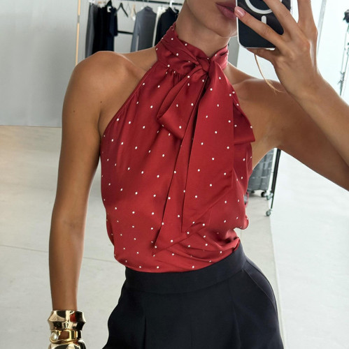 Chic Polka Dot Tie Neck Halter Top for Women