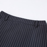 Vintage Navy Striped V-Neck Waist-Cinching Blazer and A-Line Skirt Set for Women