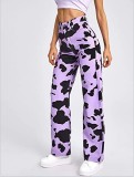 High-Waisted Printed Loose Fit Straight Leg Denim Pants for Women