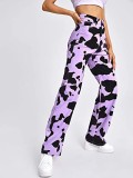 High-Waisted Printed Loose Fit Straight Leg Denim Pants for Women