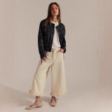 Women's Wide Leg Cropped Lace Trim Denim Pants Jeans
