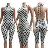 Polka Dot Print Stretchy Halter Neck Backless Bodysuit