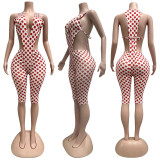 Sleeveless Polka Dot Print Fitted Set with Hidden Button and Tie
