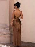Sexy Backless Satin and Chiffon Spliced Long Dress with Spaghetti Straps