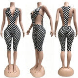 Sleeveless Polka Dot Print Fitted Set with Hidden Button and Tie