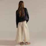 Women's Wide Leg Cropped Lace Trim Denim Pants Jeans