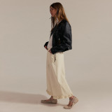 Women's Wide Leg Cropped Lace Trim Denim Pants Jeans