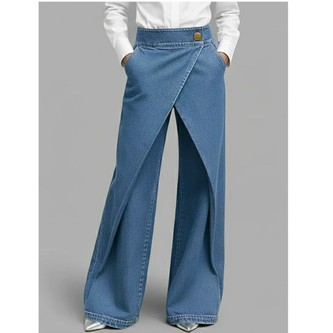 Irregular Wide-Leg High-Waisted Pants with Cross Metal Buckle