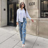 Embroidered Beaded Hollow Out Fashionable Elastic Straight Wide Leg Pants
