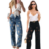 Embroidered Beaded Hollow Out Fashionable Elastic Straight Wide Leg Pants
