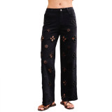 Embroidered Beaded Hollow Out Fashionable Elastic Straight Wide Leg Pants