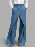 Irregular Wide-Leg High-Waisted Pants with Cross Metal Buckle