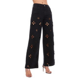 Embroidered Beaded Hollow Out Fashionable Elastic Straight Wide Leg Pants