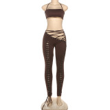 Fashionable Sexy Tie-Up Crop Top and Street Style Strap Pants Two-Piece Set