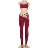 Fashionable Sexy Tie-Up Crop Top and Street Style Strap Pants Two-Piece Set